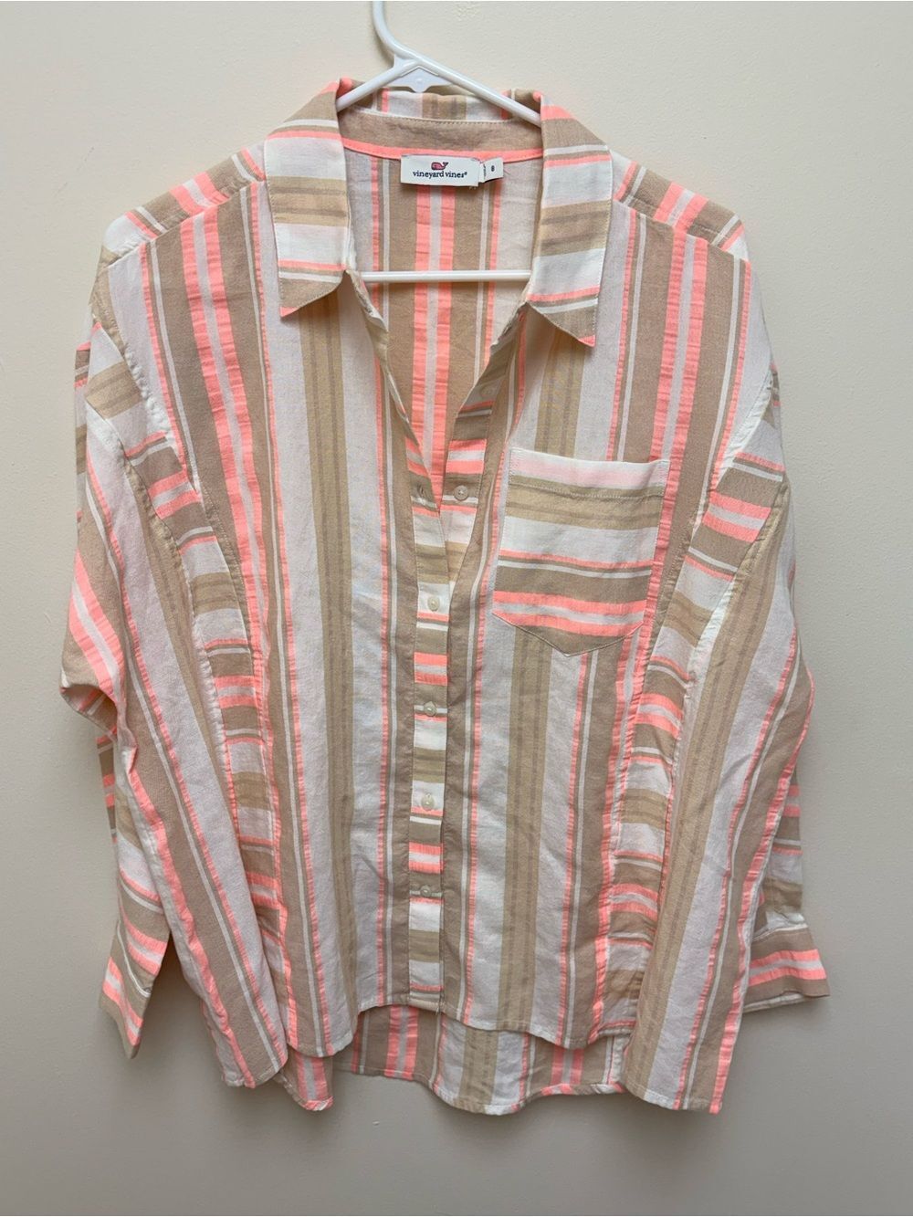 Vineyard Vines Coral Beige White Striped Button Down Shirt Size 8 Long Sleeve